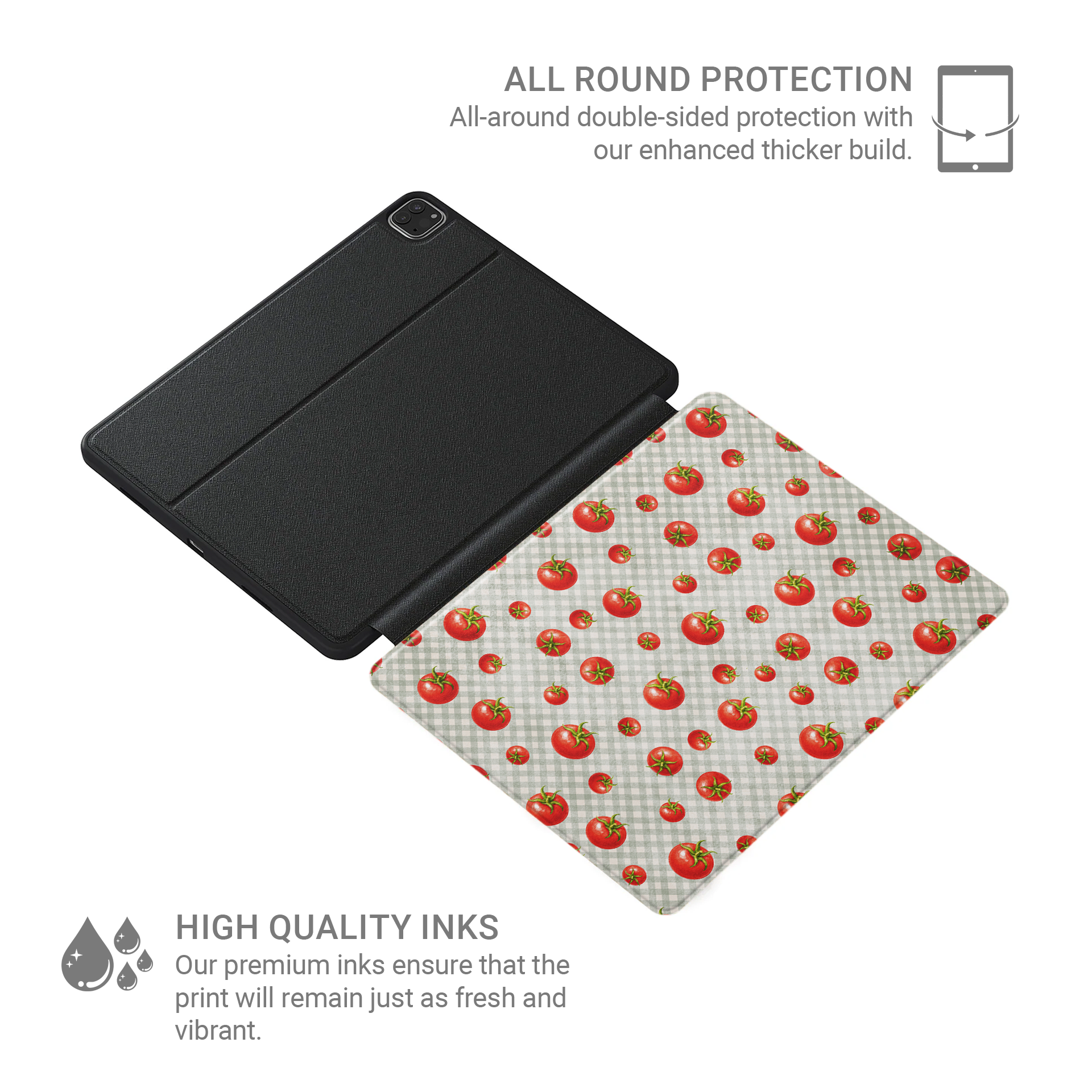 Tomato Tumble iPad Folio Case with scattered hand-painted red tomatoes on soft sage gingham

