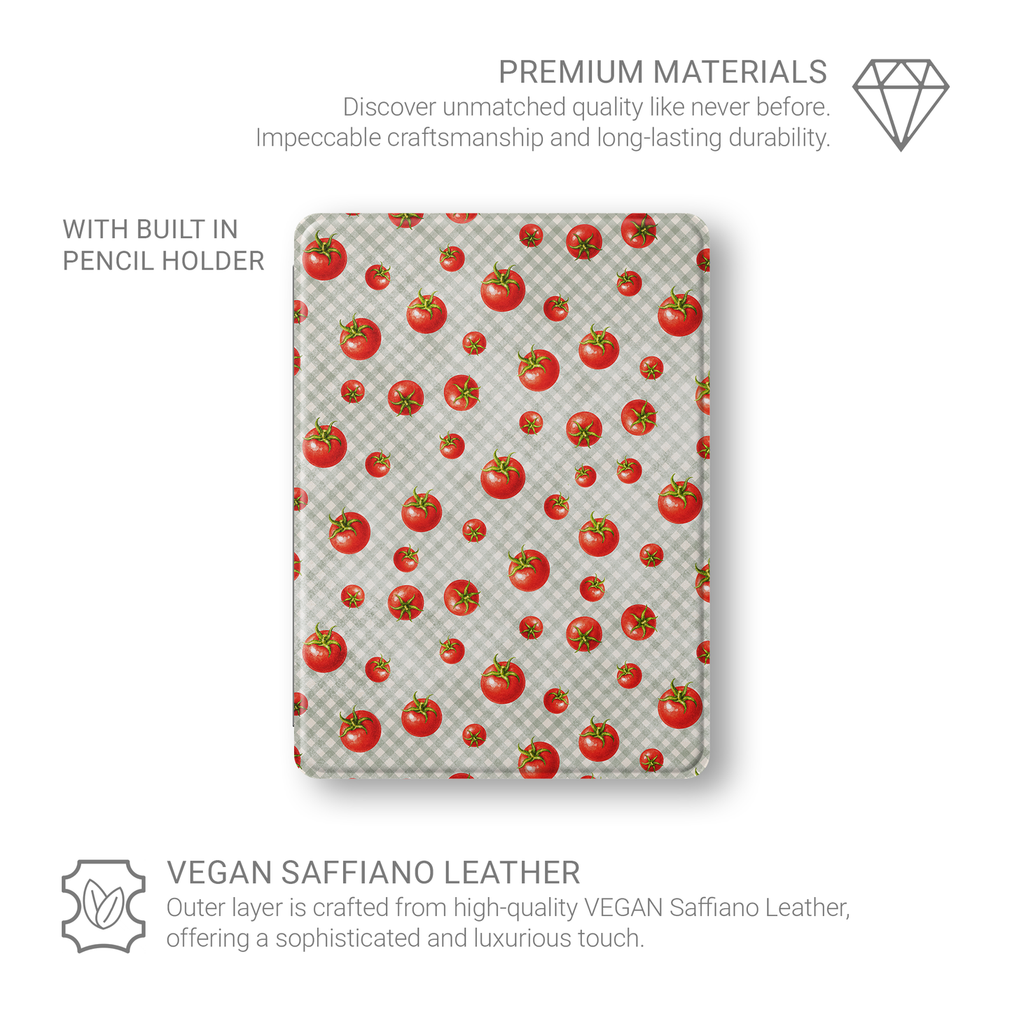 Tomato Tumble iPad Folio Case with scattered hand-painted red tomatoes on soft sage gingham
