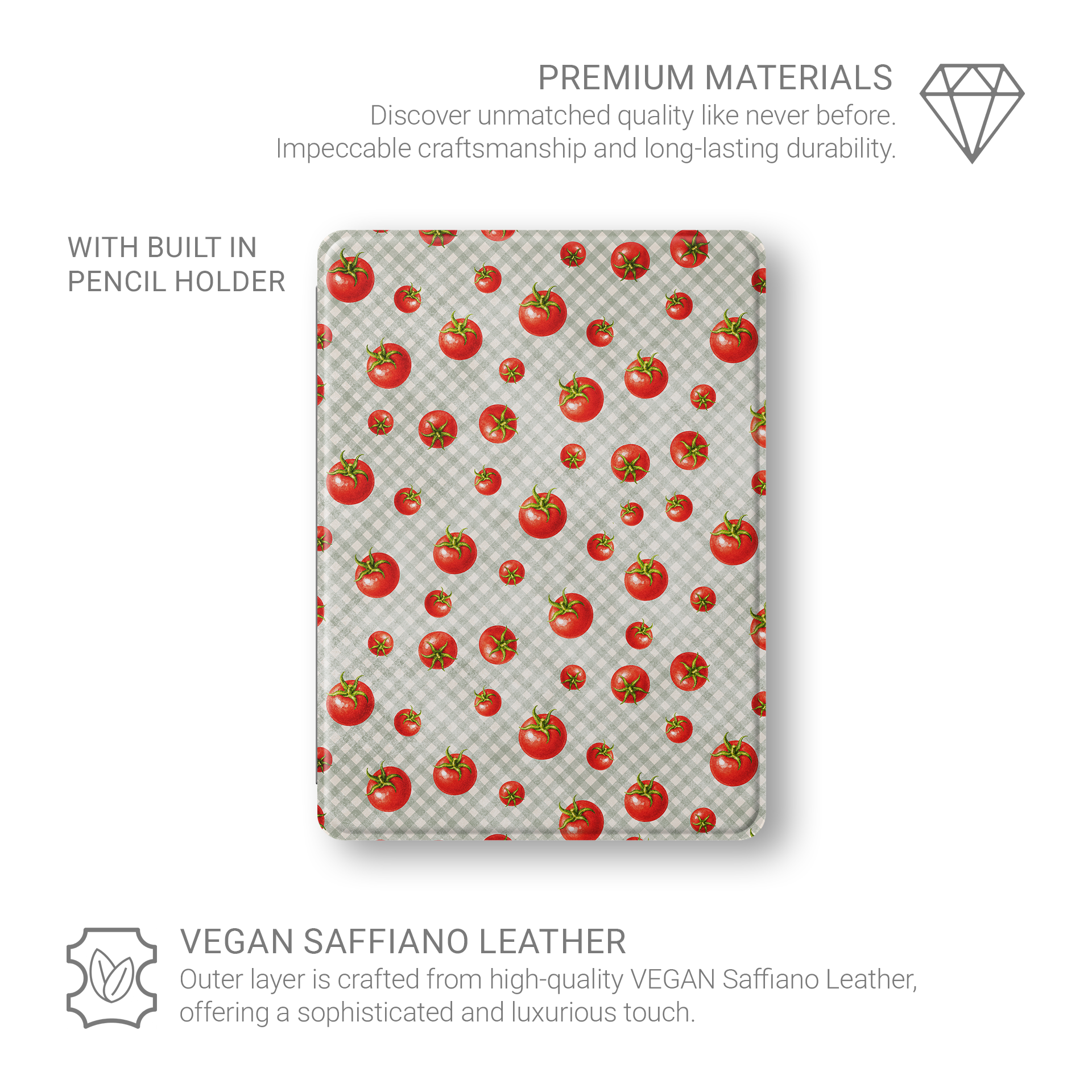 Tomato Tumble iPad Folio Case with scattered hand-painted red tomatoes on soft sage gingham
