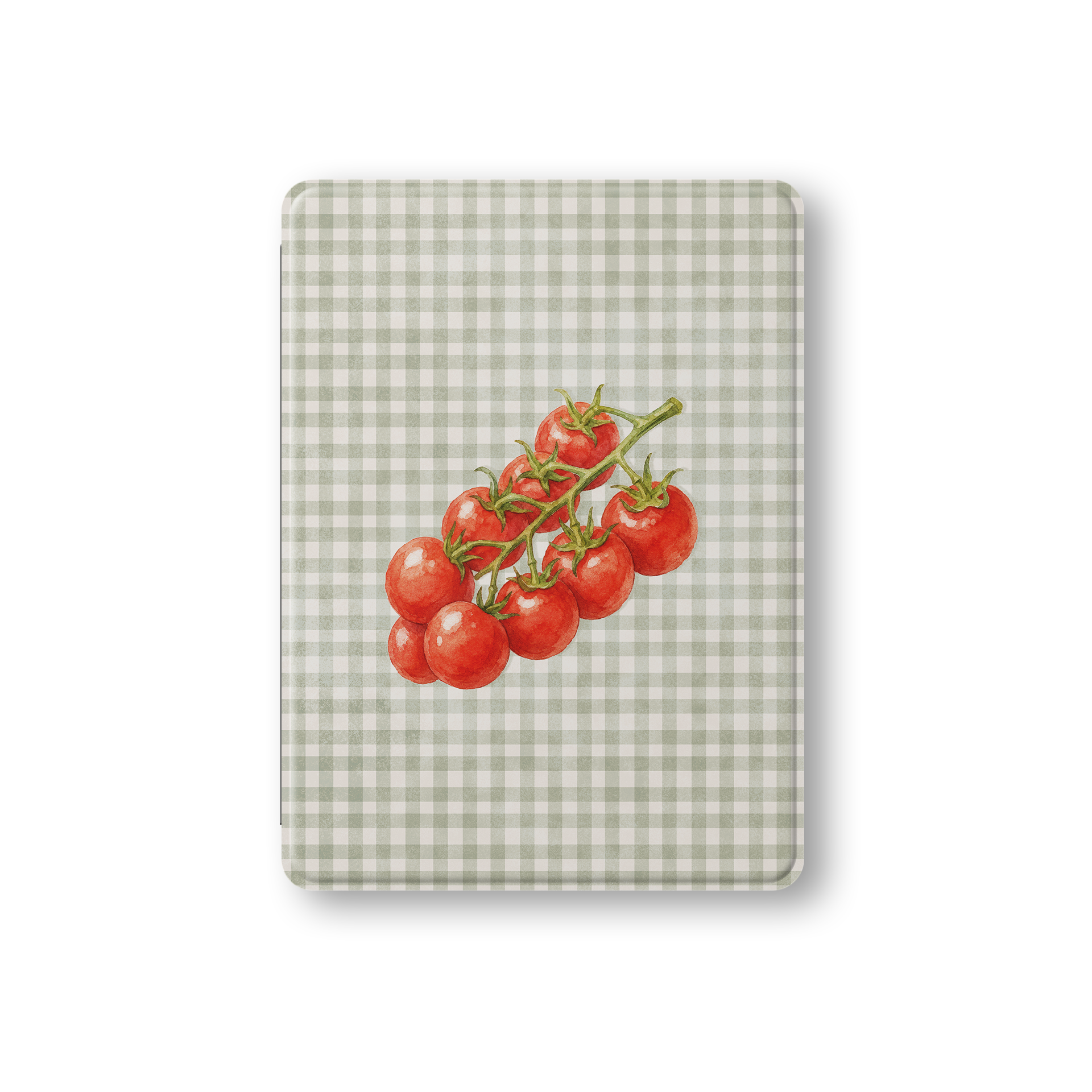 Garden Bounty iPad Folio Case with watercolour red tomato vine on soft sage gingham
