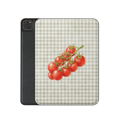 Garden Bounty iPad Folio Case with watercolour red tomato vine on soft sage gingham

