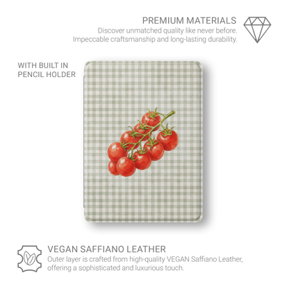 Garden Bounty iPad Folio Case with watercolour red tomato vine on soft sage gingham
