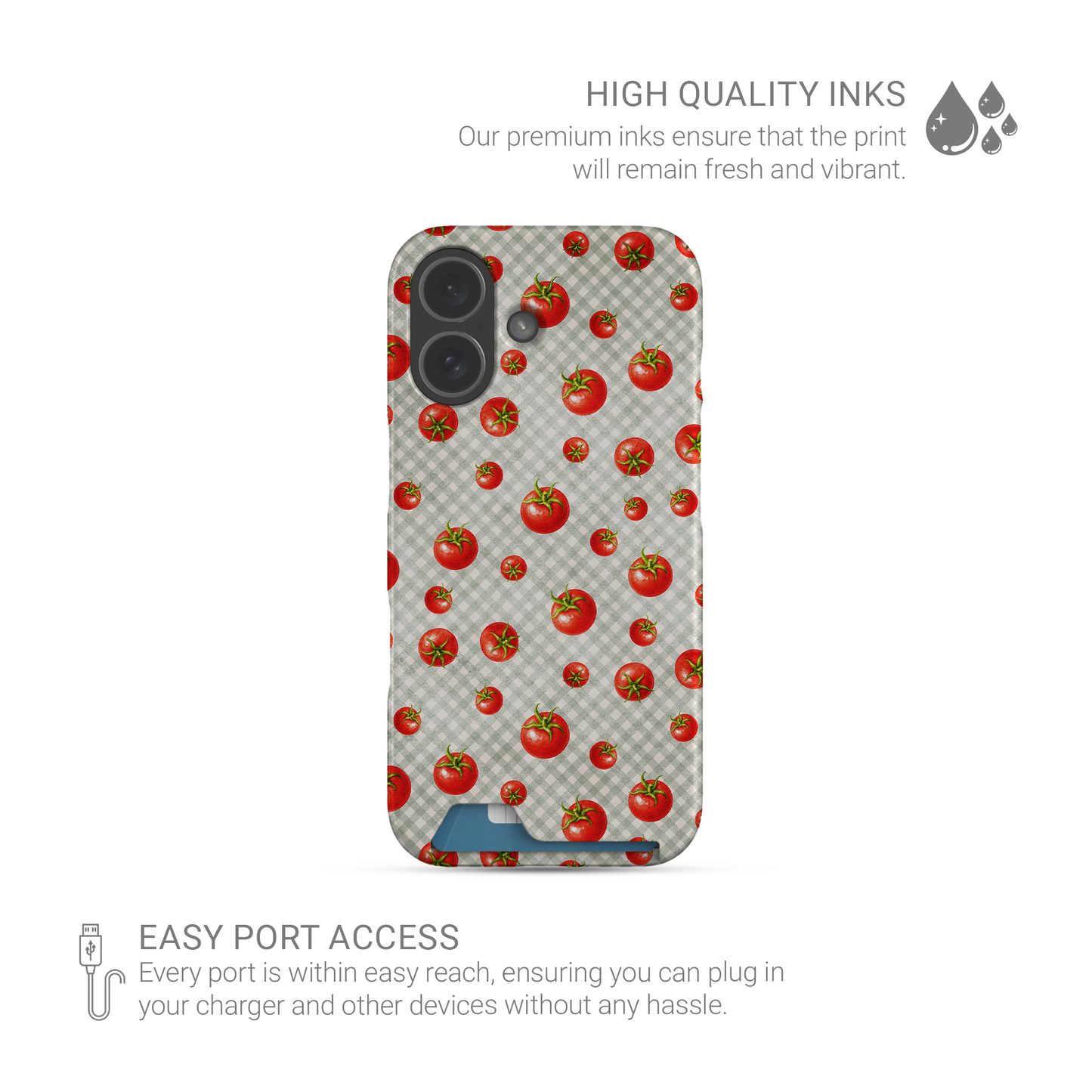 Tomato Tumble Card Phone Case with scattered hand-painted red tomatoes on soft sage gingham
