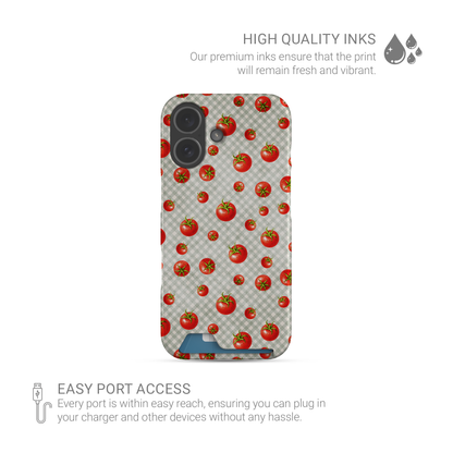 Tomato Tumble Card Phone Case with scattered hand-painted red tomatoes on soft sage gingham
