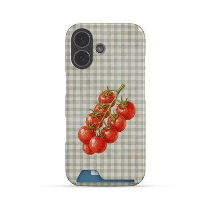 Garden Bounty Card Phone Case with watercolour red tomato vine on soft sage gingham
