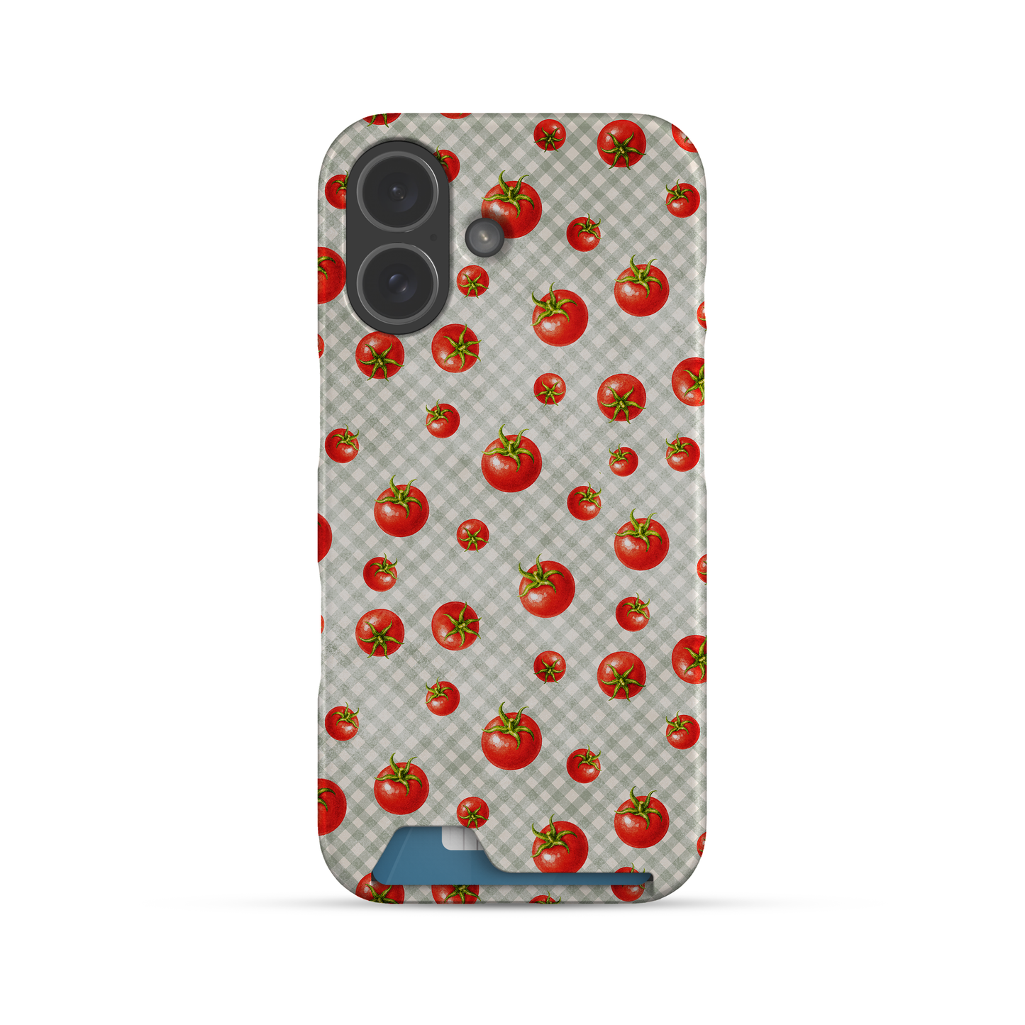 Tomato Tumble Card Phone Case with scattered hand-painted red tomatoes on soft sage gingham
