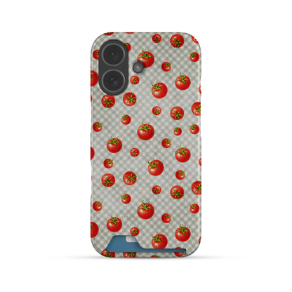 Tomato Tumble Card Phone Case with scattered hand-painted red tomatoes on soft sage gingham
