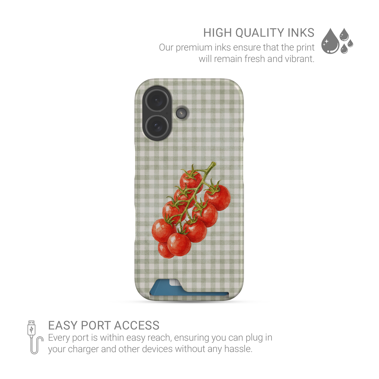 Garden Bounty Card Phone Case with watercolour red tomato vine on soft sage gingham

