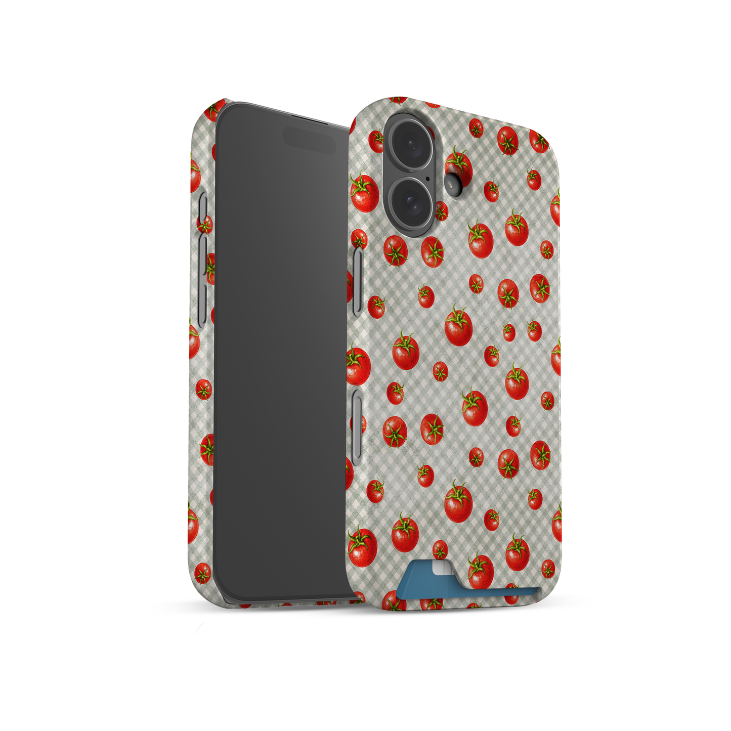 Tomato Tumble Card Phone Case with scattered hand-painted red tomatoes on soft sage gingham
