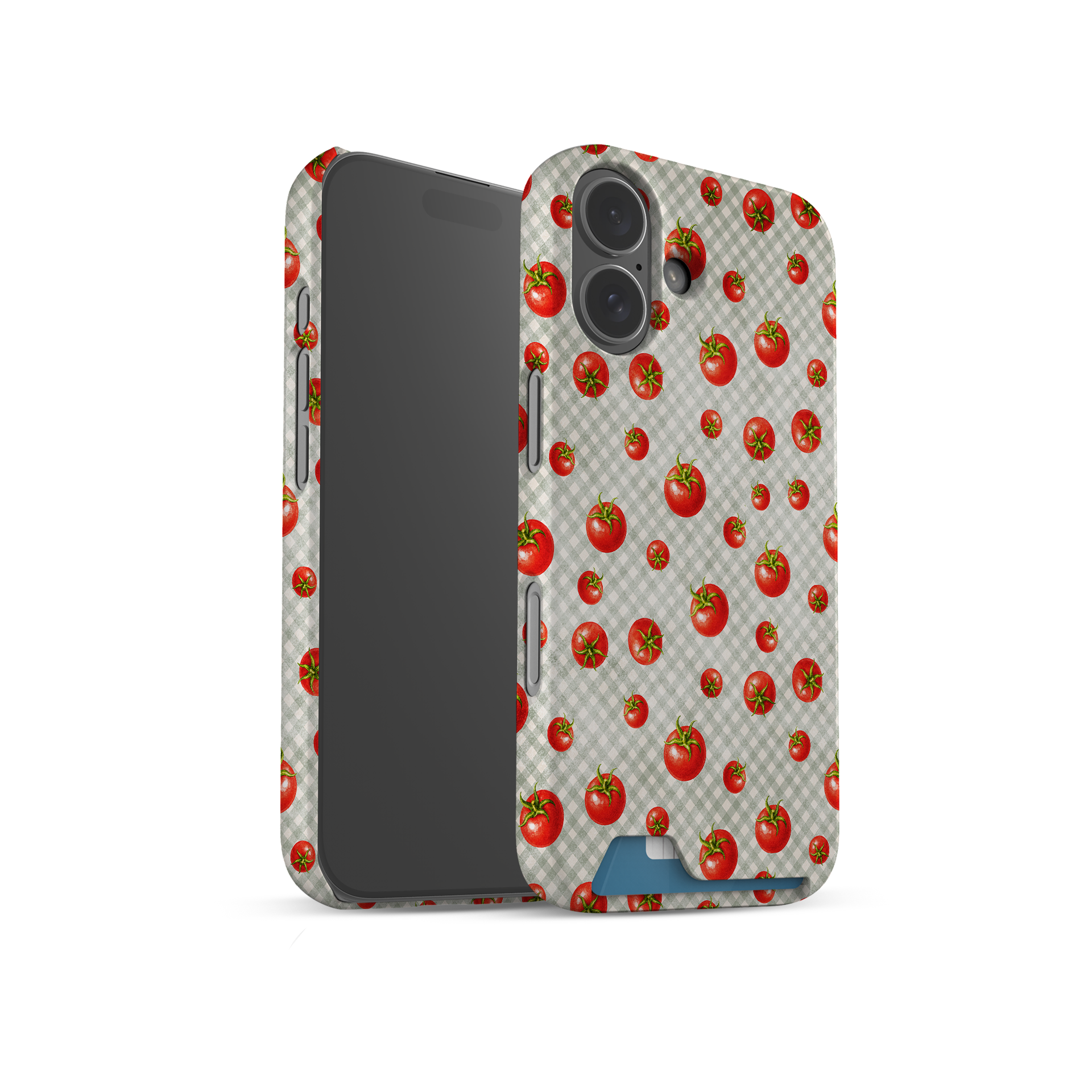 Tomato Tumble Card Phone Case with scattered hand-painted red tomatoes on soft sage gingham
