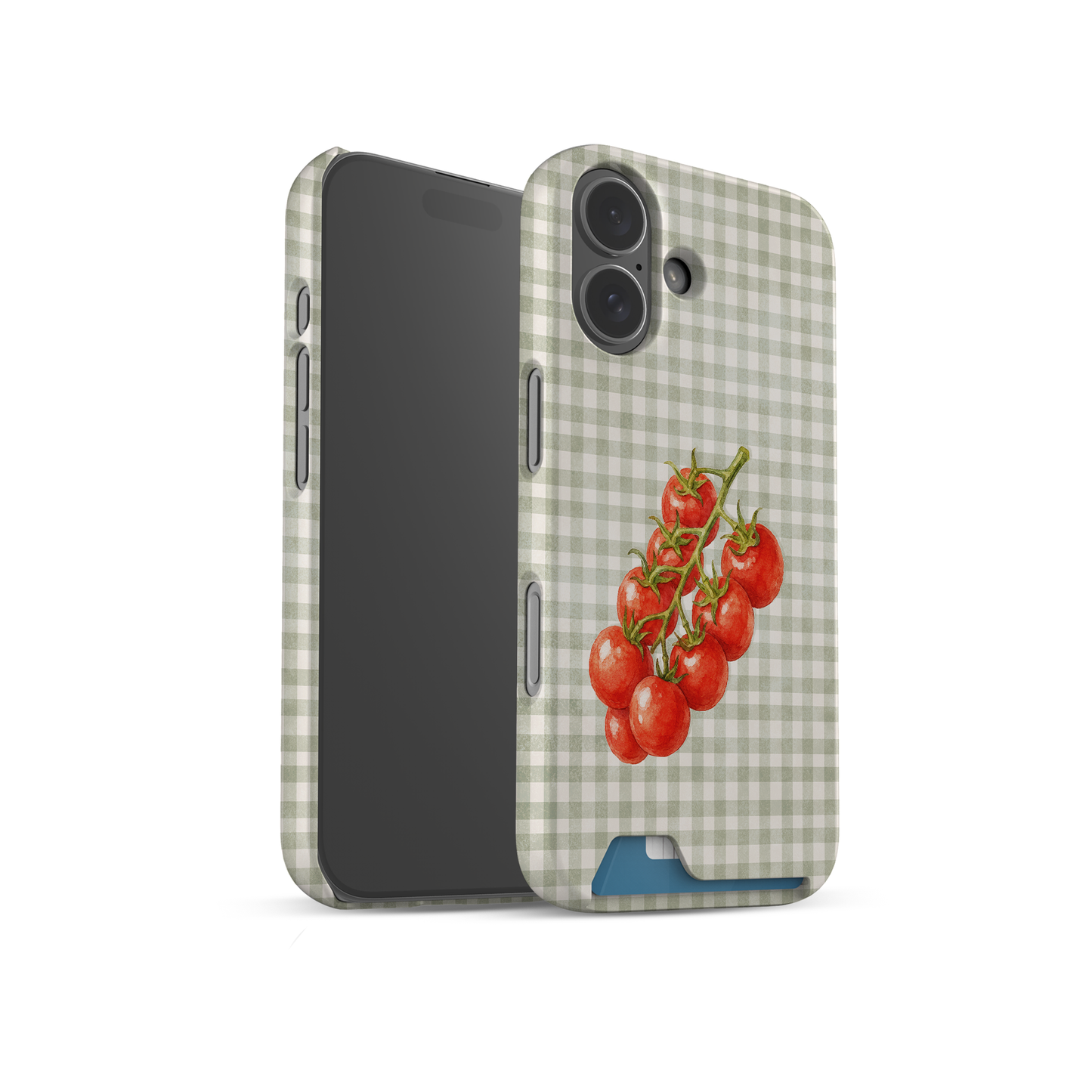 Garden Bounty Card Phone Case with watercolour red tomato vine on soft sage gingham

