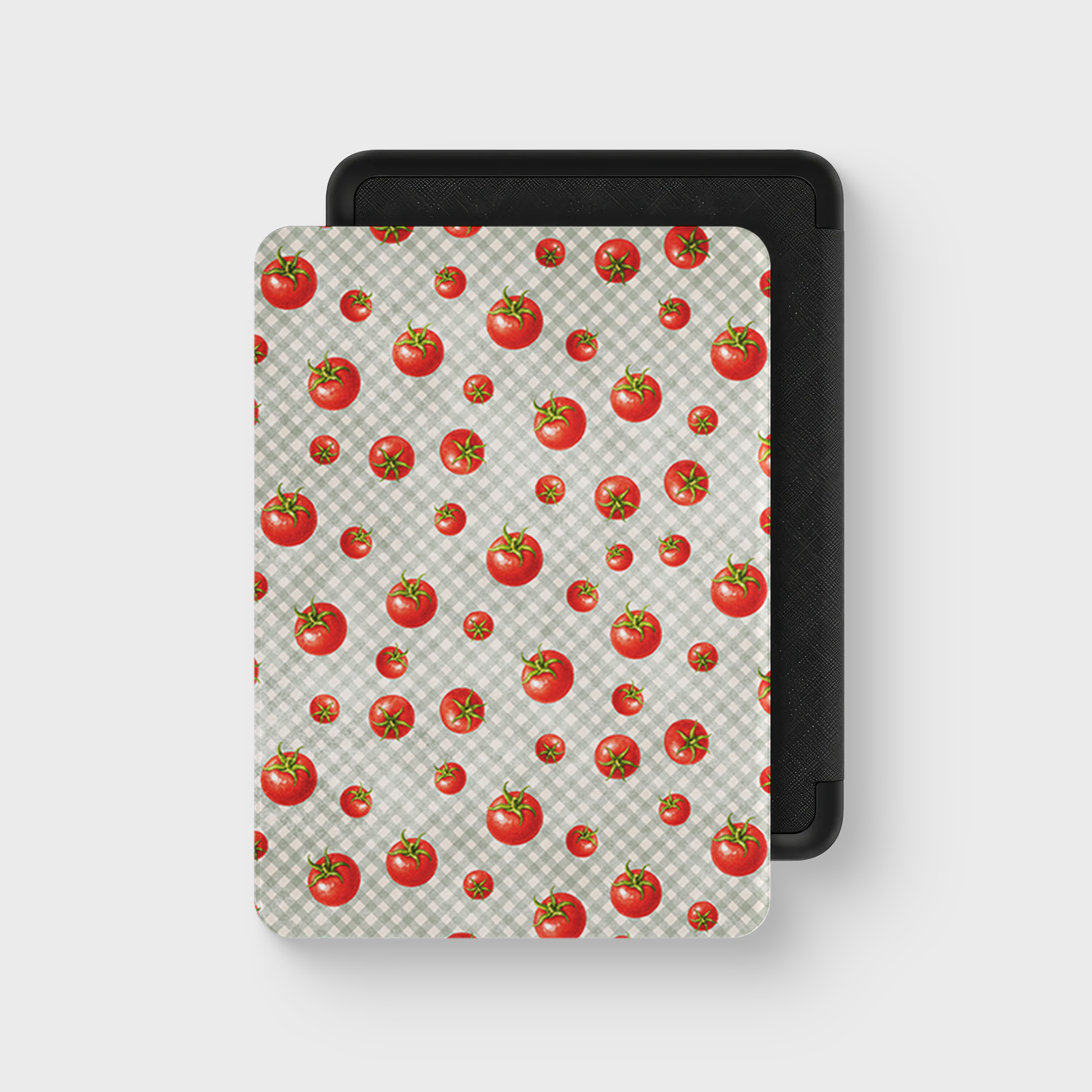 Tomato Tumble Kindle Case with scattered hand-painted red tomatoes on soft sage gingham
