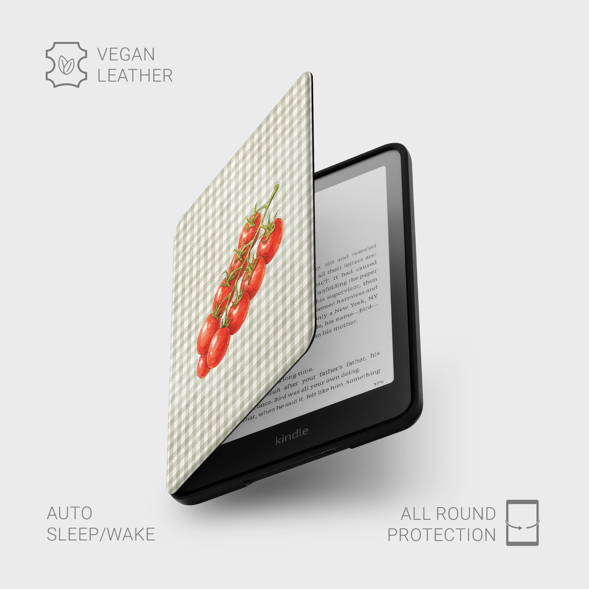 Garden Bounty Kindle Case with watercolour red tomato vine on soft sage gingham
