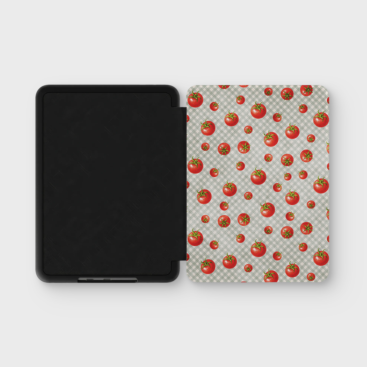 Tomato Tumble Kindle Case with scattered hand-painted red tomatoes on soft sage gingham
