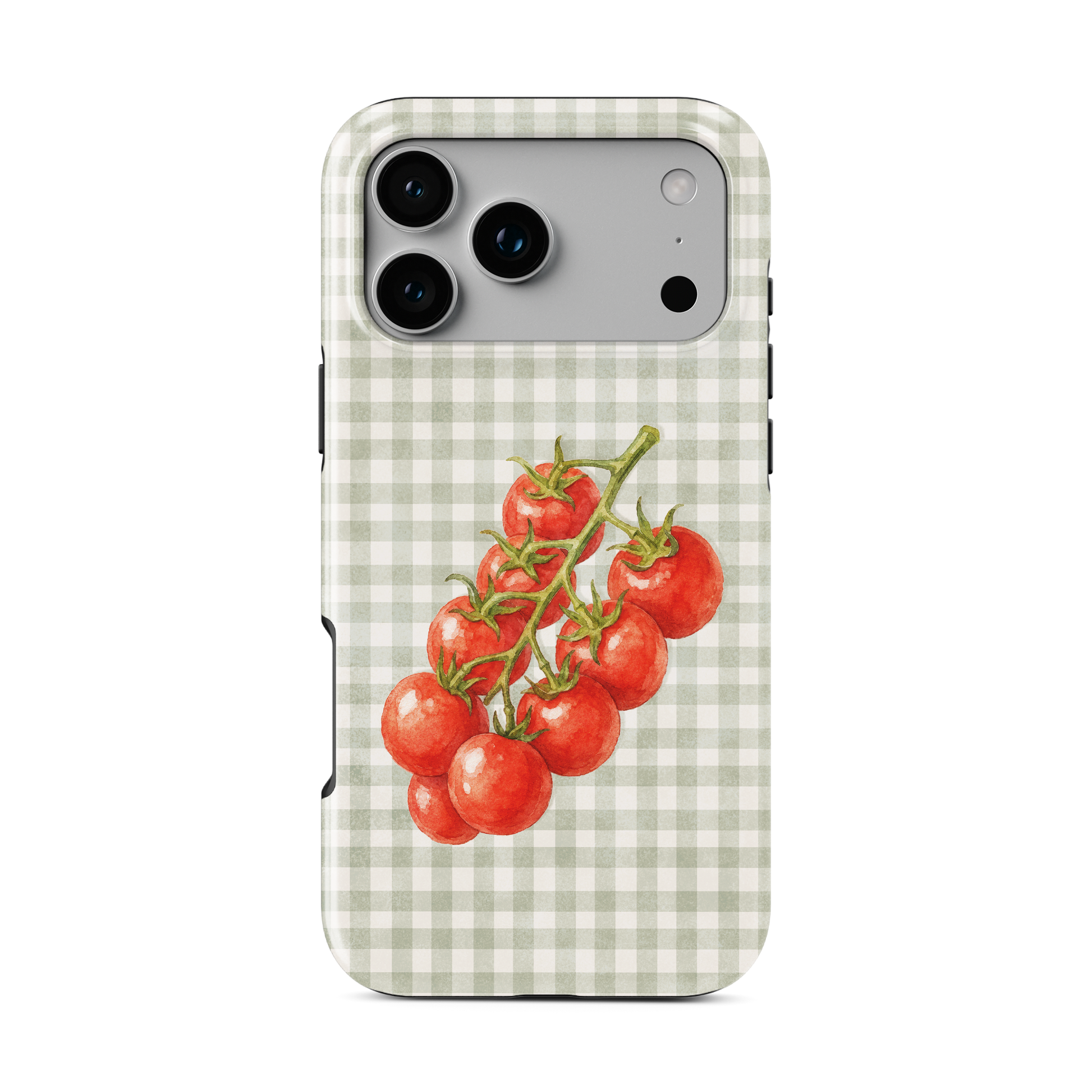 Garden Bounty MagSafe Tough Phone Case with watercolour red tomato vine on soft sage gingham

