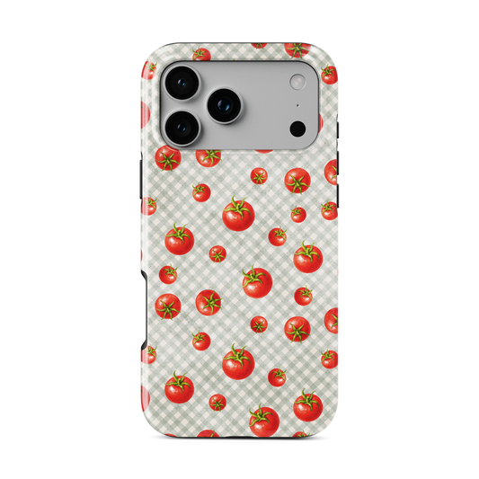 Tomato Tumble MagSafe Tough Phone Case with scattered hand-painted red tomatoes on soft sage gingham
