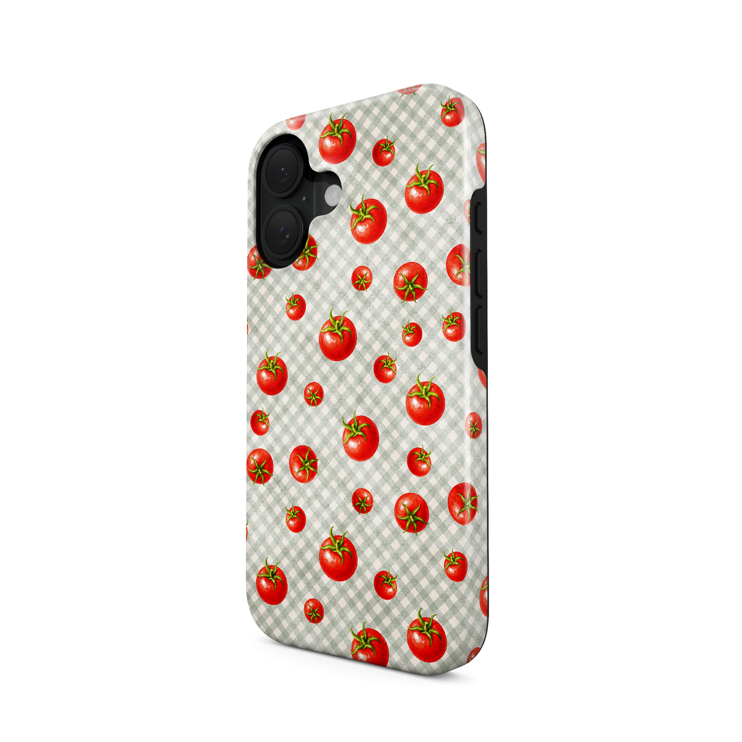 Tomato Tumble MagSafe Tough Phone Case with scattered hand-painted red tomatoes on soft sage gingham
