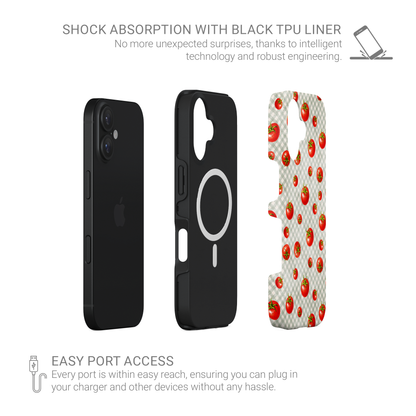 Tomato Tumble MagSafe Tough Phone Case with scattered hand-painted red tomatoes on soft sage gingham

