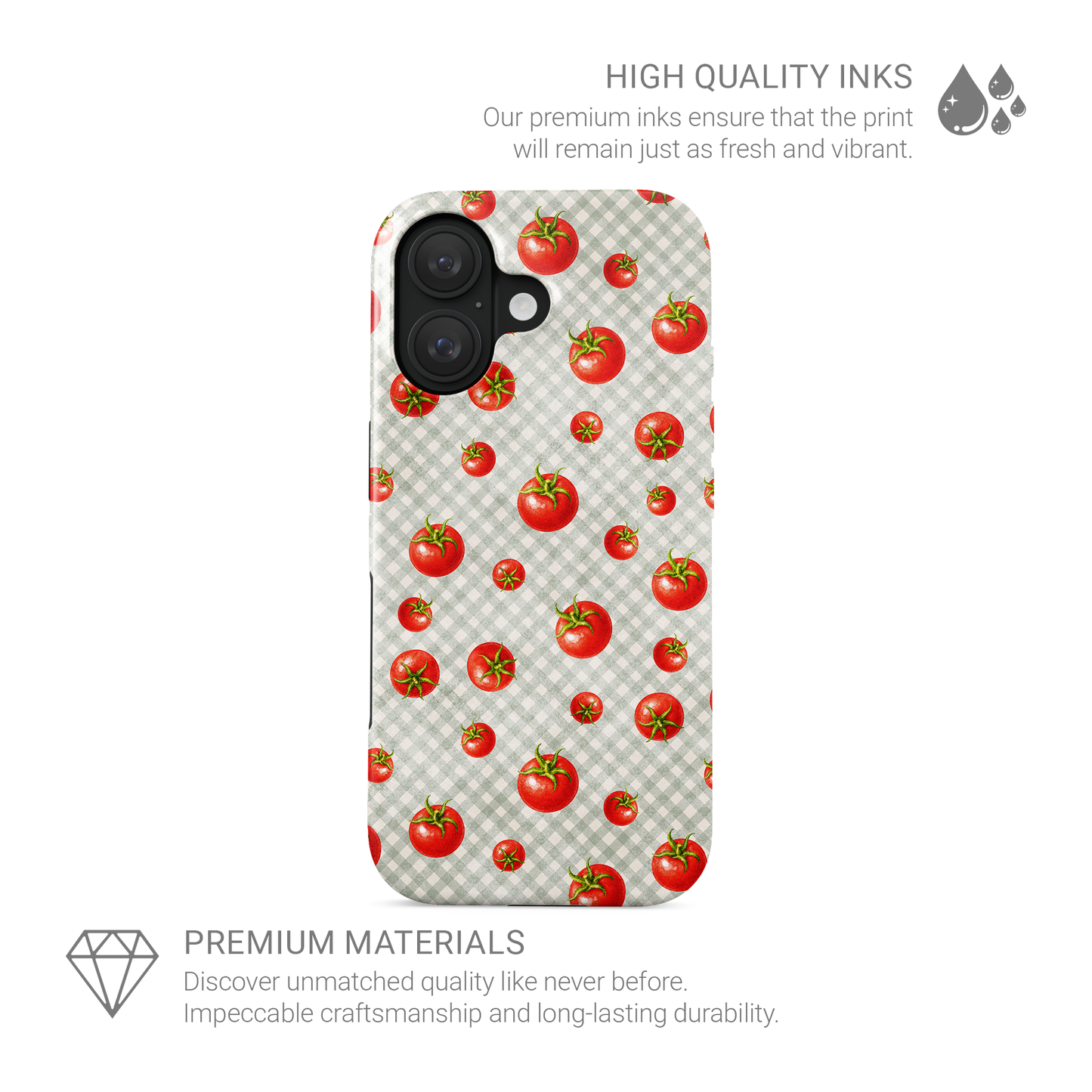 Tomato Tumble MagSafe Tough Phone Case with scattered hand-painted red tomatoes on soft sage gingham
