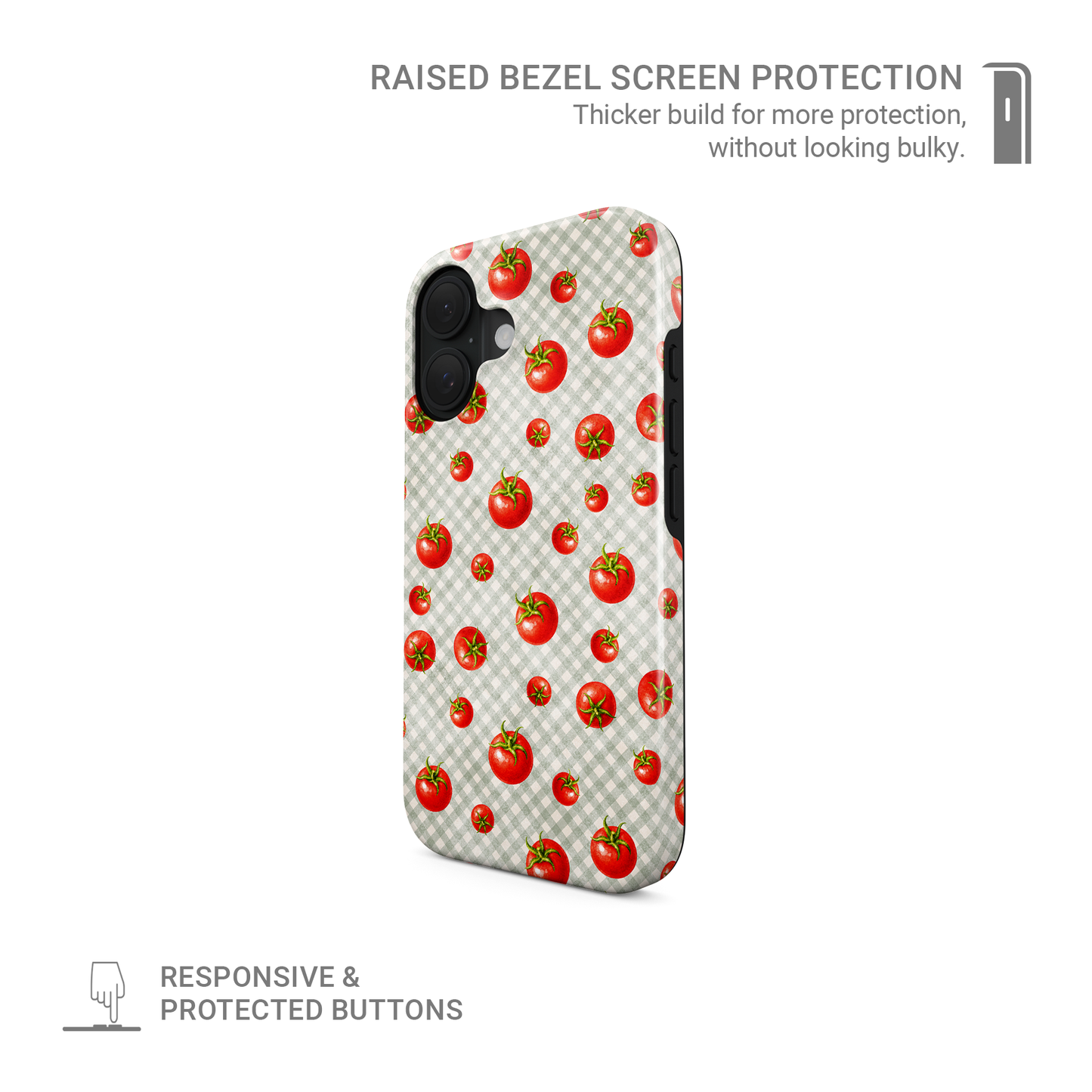 Tomato Tumble MagSafe Tough Phone Case with scattered hand-painted red tomatoes on soft sage gingham
