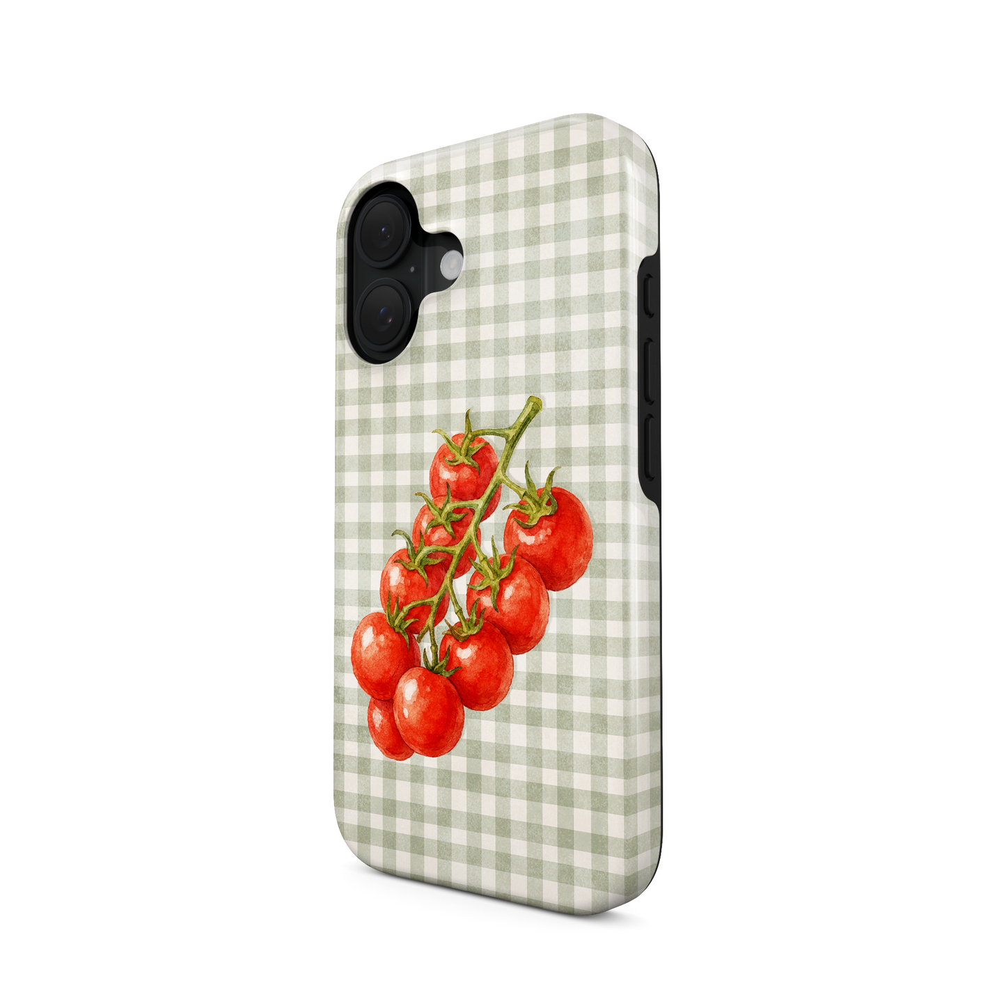 Garden Bounty MagSafe Tough Phone Case with watercolour red tomato vine on soft sage gingham
