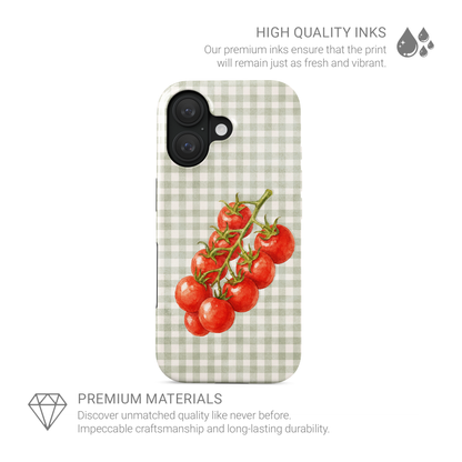 Garden Bounty MagSafe Tough Phone Case with watercolour red tomato vine on soft sage gingham
