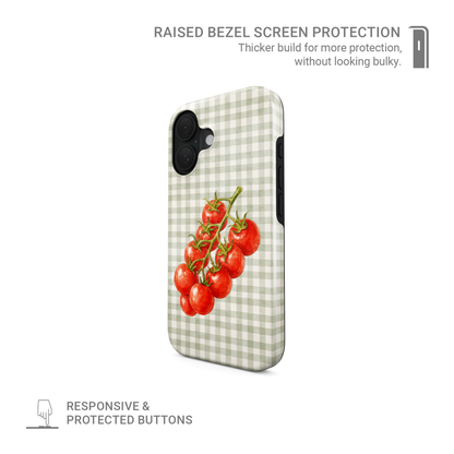 Garden Bounty MagSafe Tough Phone Case with watercolour red tomato vine on soft sage gingham
