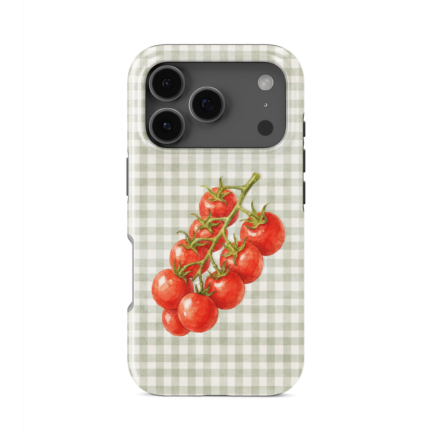 Garden Bounty Tough Phone Case with watercolour red tomato vine on soft sage gingham
