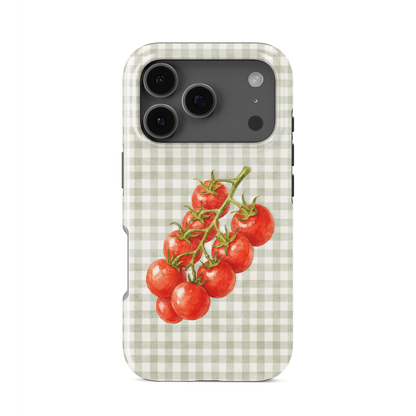 Garden Bounty Tough Phone Case with watercolour red tomato vine on soft sage gingham
