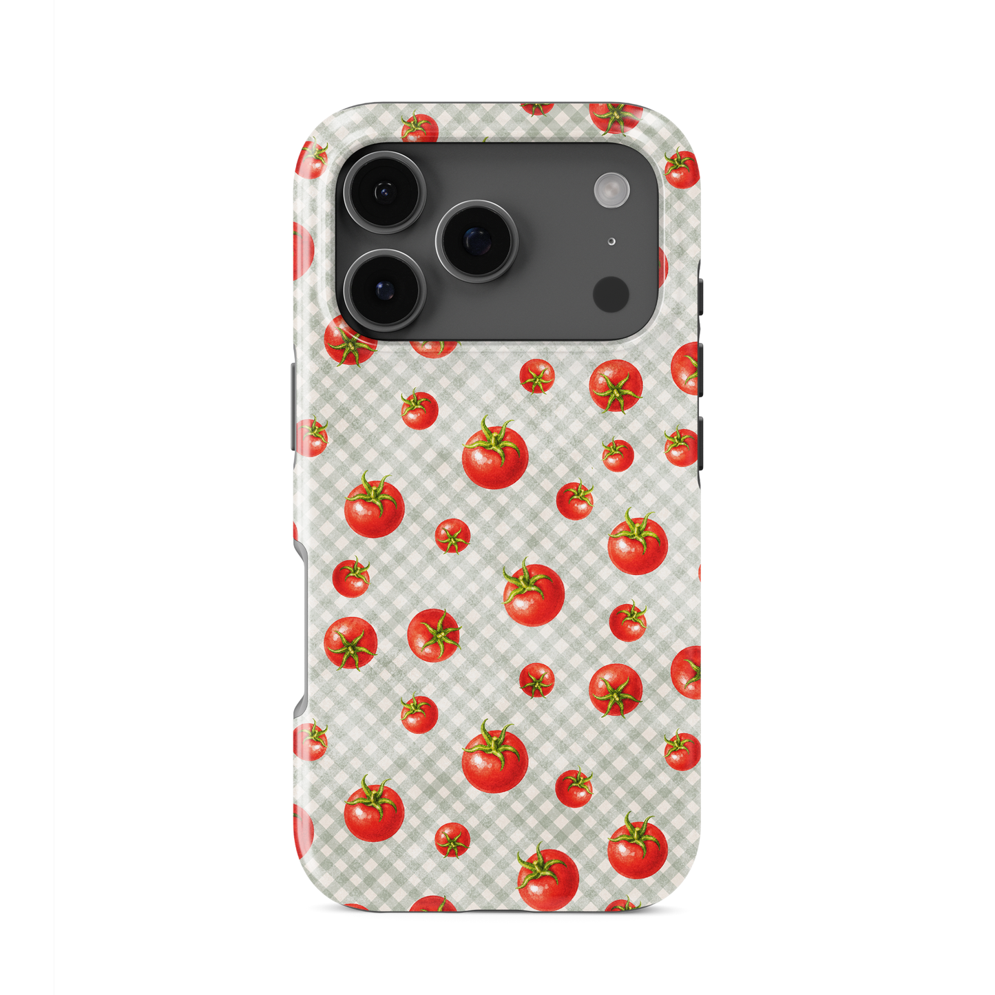 Tomato Tumble Tough Phone Case with scattered hand-painted red tomatoes on soft sage gingham
