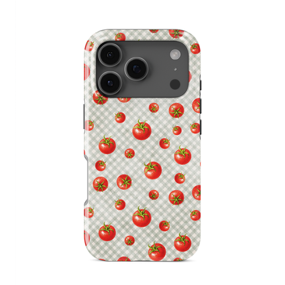 Tomato Tumble Tough Phone Case with scattered hand-painted red tomatoes on soft sage gingham
