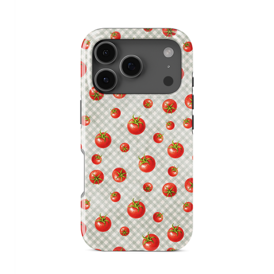 Tomato Tumble Tough Phone Case with scattered hand-painted red tomatoes on soft sage gingham
