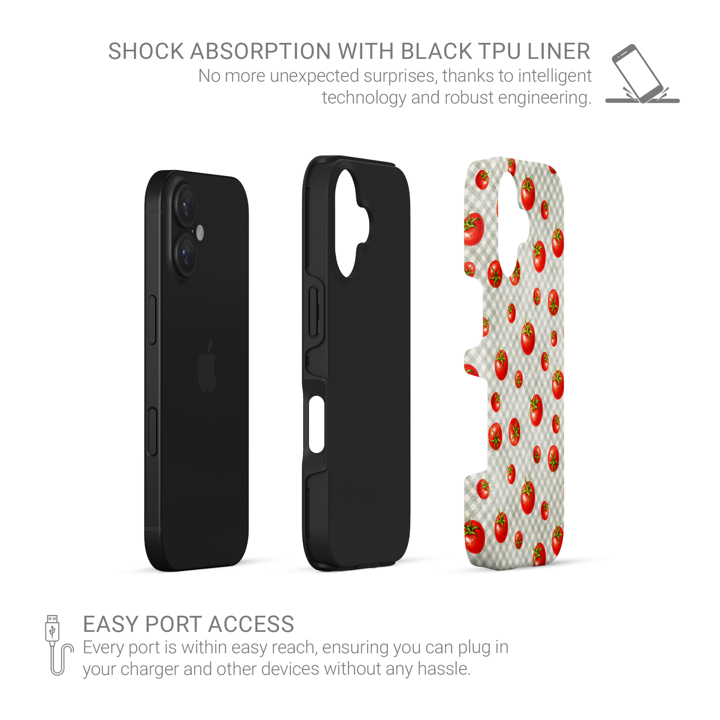 Tomato Tumble Tough Phone Case with scattered hand-painted red tomatoes on soft sage gingham
