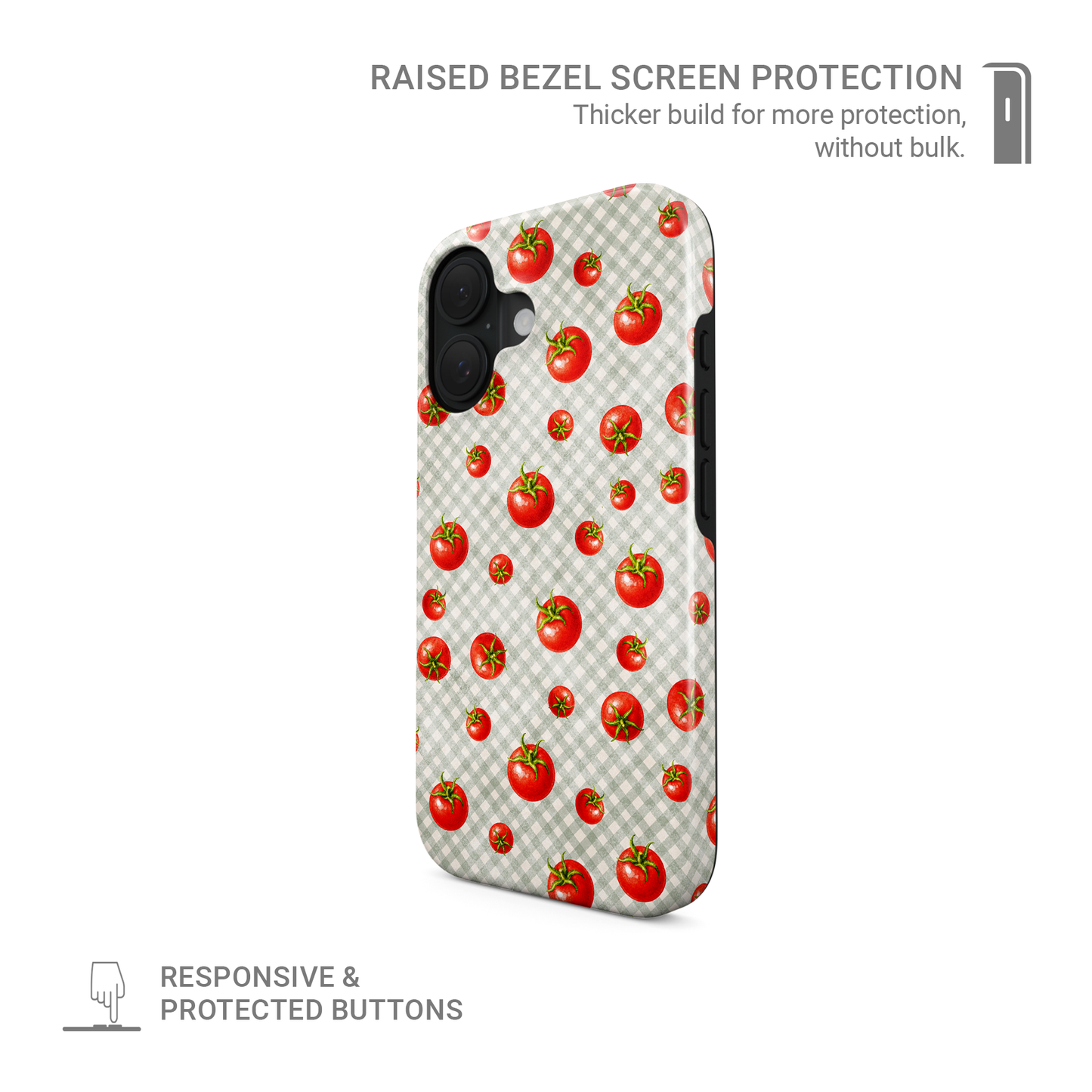 Tomato Tumble Tough Phone Case with scattered hand-painted red tomatoes on soft sage gingham
