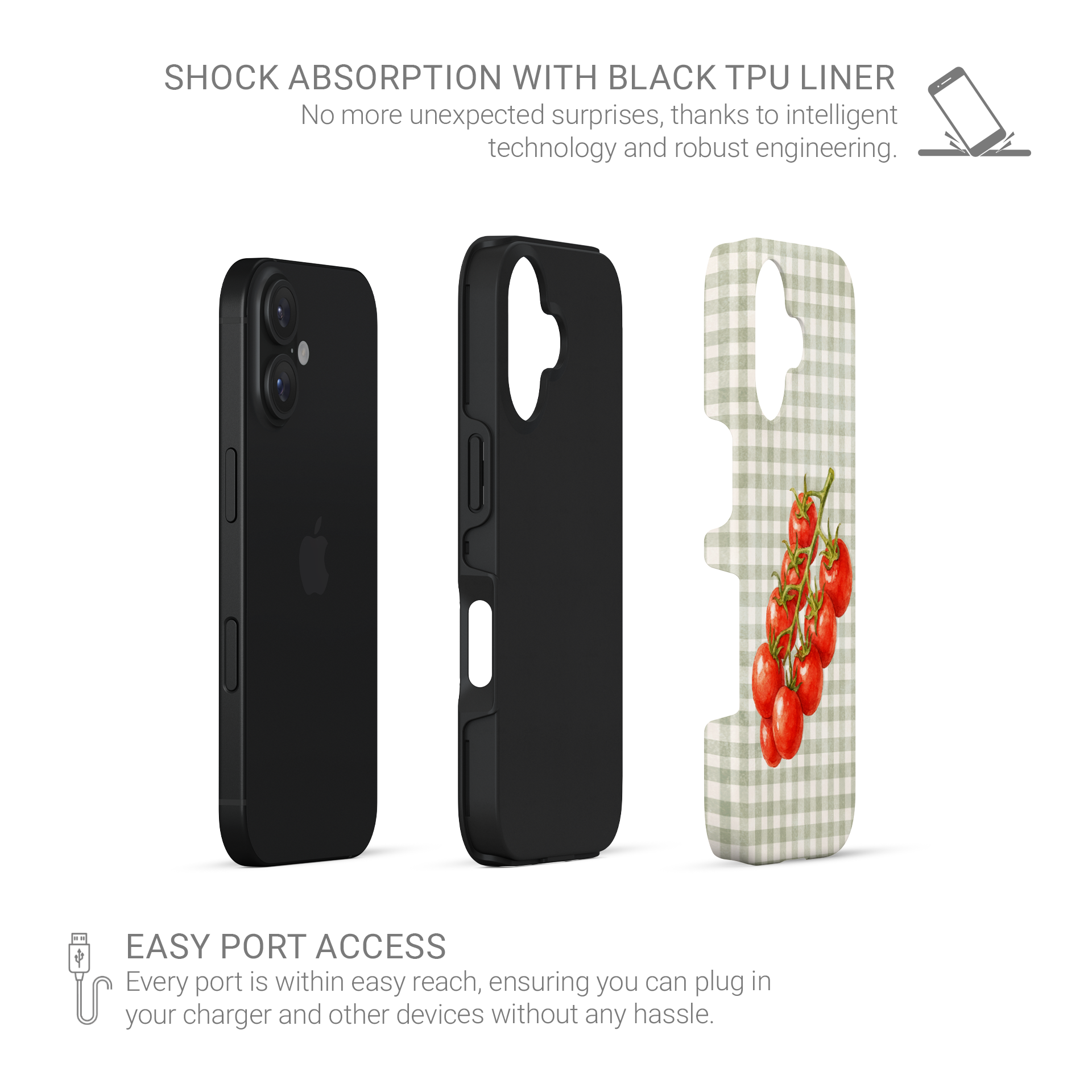 Garden Bounty Tough Phone Case with watercolour red tomato vine on soft sage gingham
