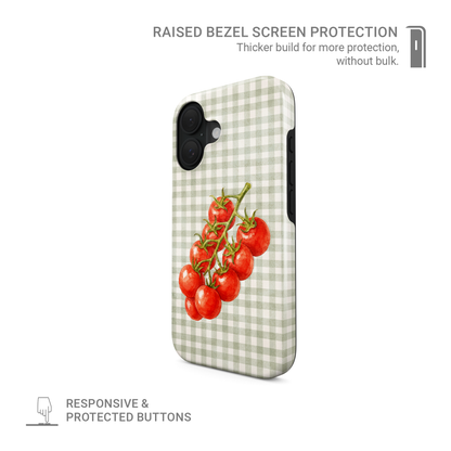 Garden Bounty Tough Phone Case with watercolour red tomato vine on soft sage gingham
