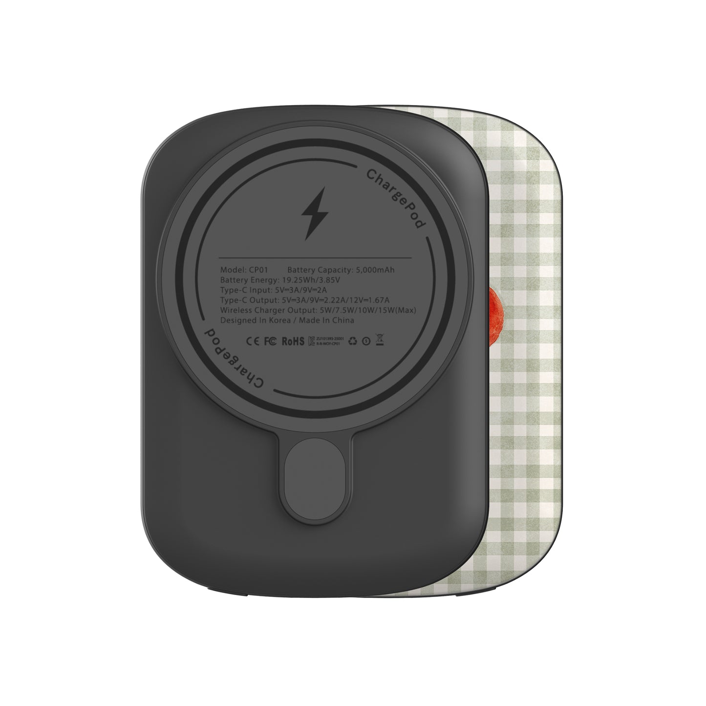 Garden Bounty 5000mAh Magnetic Power Bank with watercolour red tomato vine on soft sage gingham
