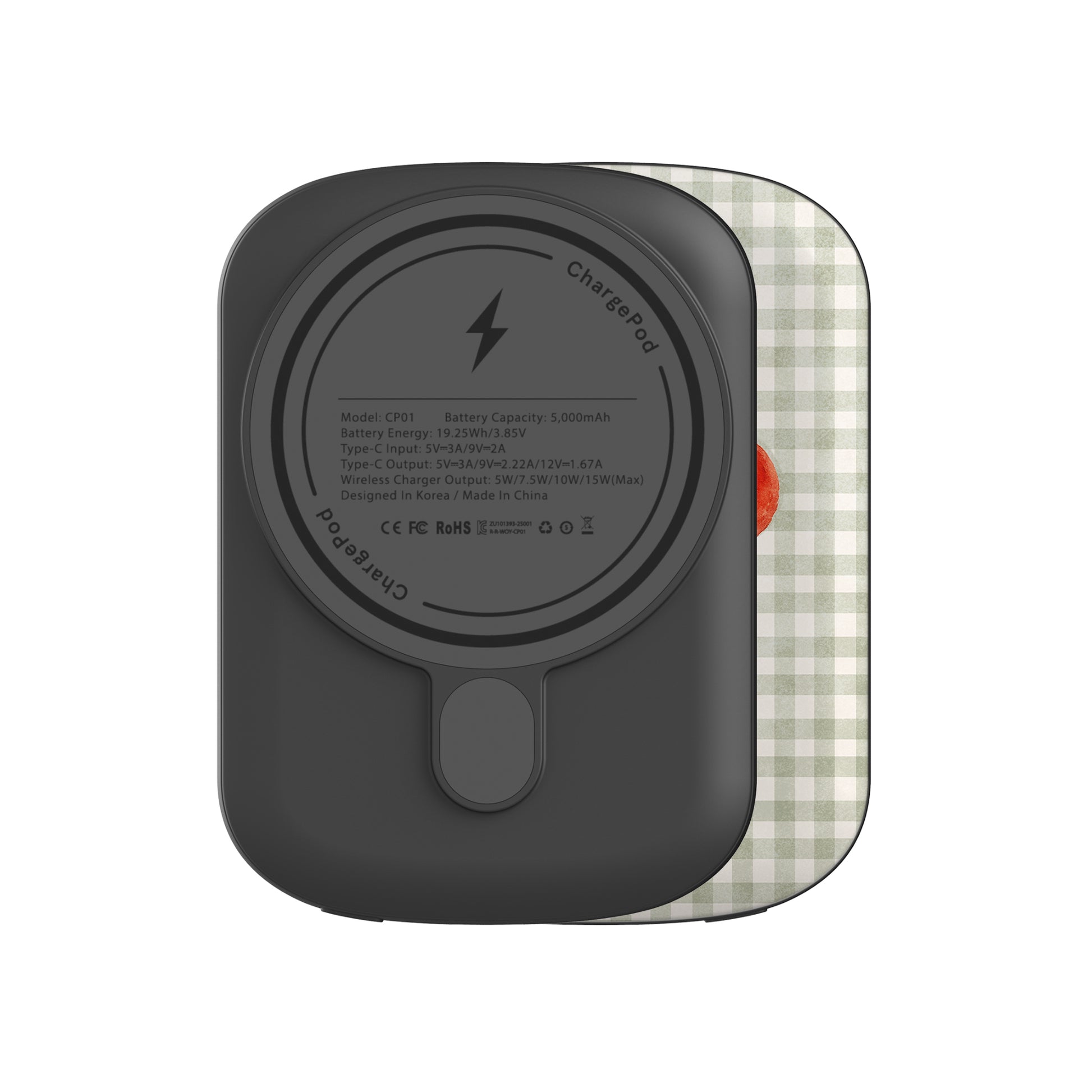 Garden Bounty 5000mAh Magnetic Power Bank with watercolour red tomato vine on soft sage gingham
