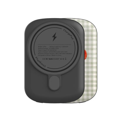 Garden Bounty 5000mAh Magnetic Power Bank with watercolour red tomato vine on soft sage gingham
