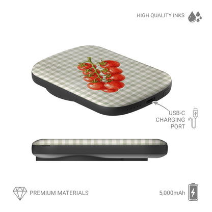Garden Bounty 5000mAh Magnetic Power Bank with watercolour red tomato vine on soft sage gingham

