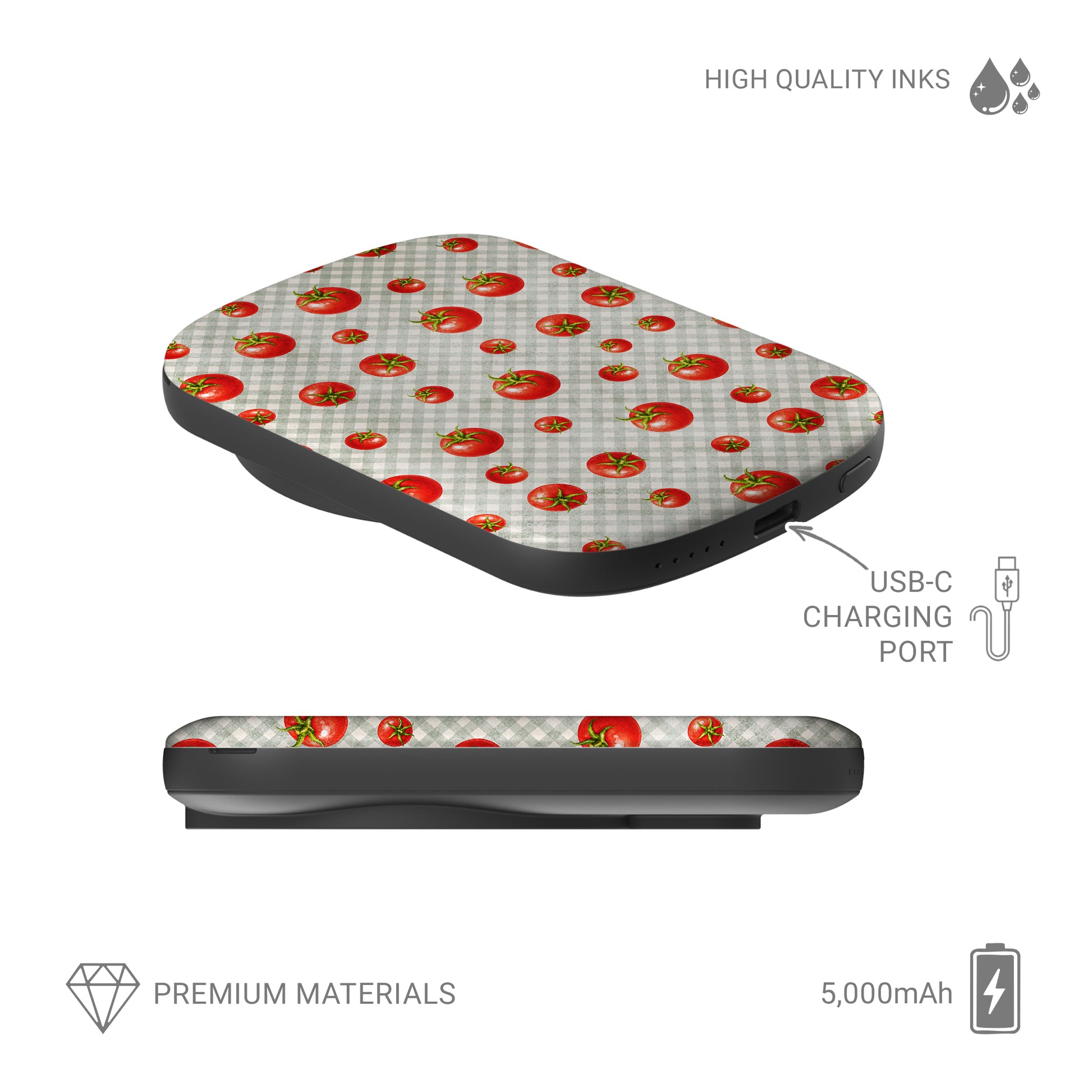 Tomato Tumble 5000mAh Magnetic Power Bank with scattered hand-painted red tomatoes on soft sage gingham
