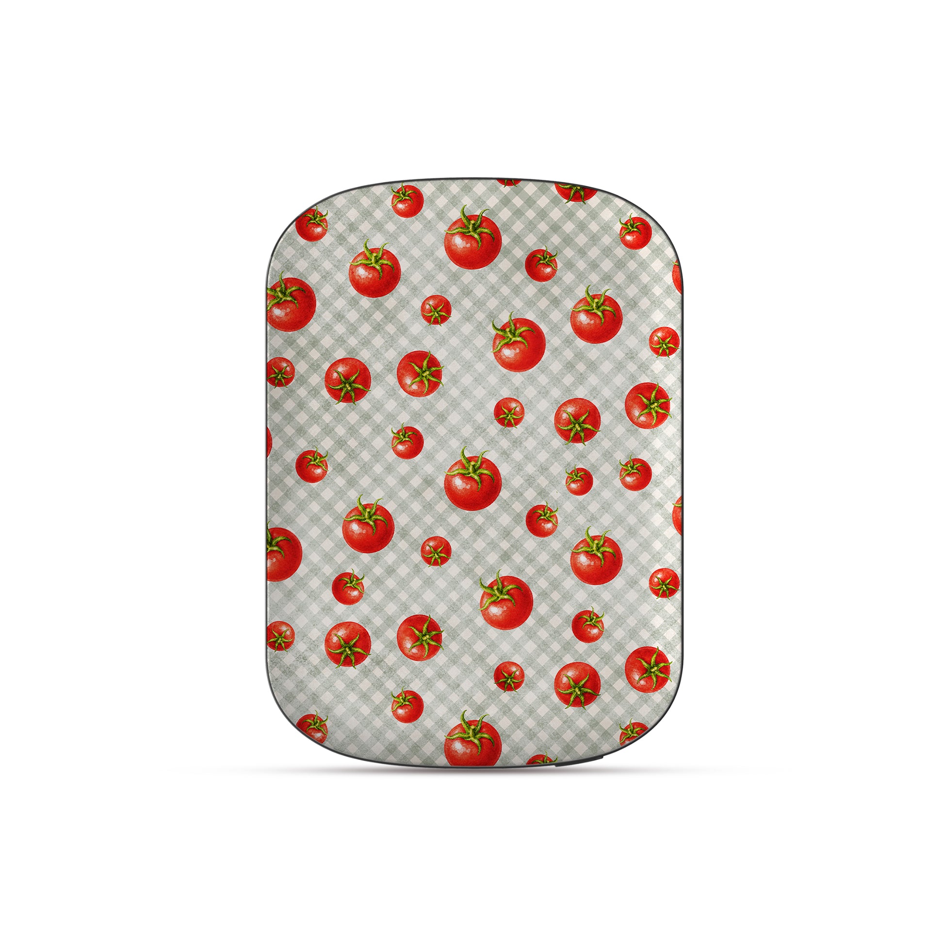 Tomato Tumble Power Bank Skin with scattered hand-painted red tomatoes on soft sage gingham
