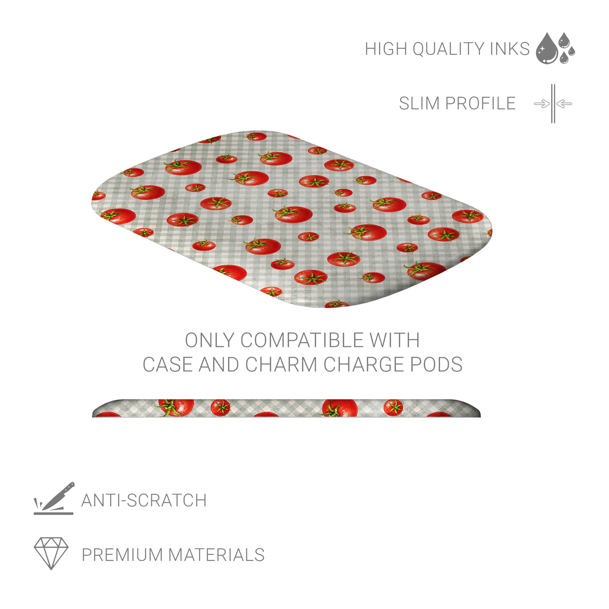 Tomato Tumble Power Bank Skin with scattered hand-painted red tomatoes on soft sage gingham
