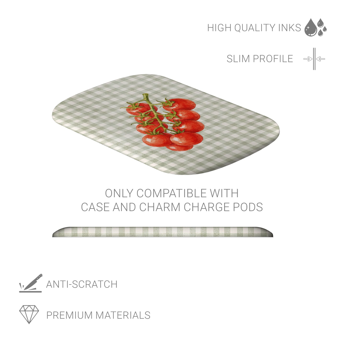 Garden Bounty Power Bank Skin with watercolour red tomato vine on soft sage gingham
