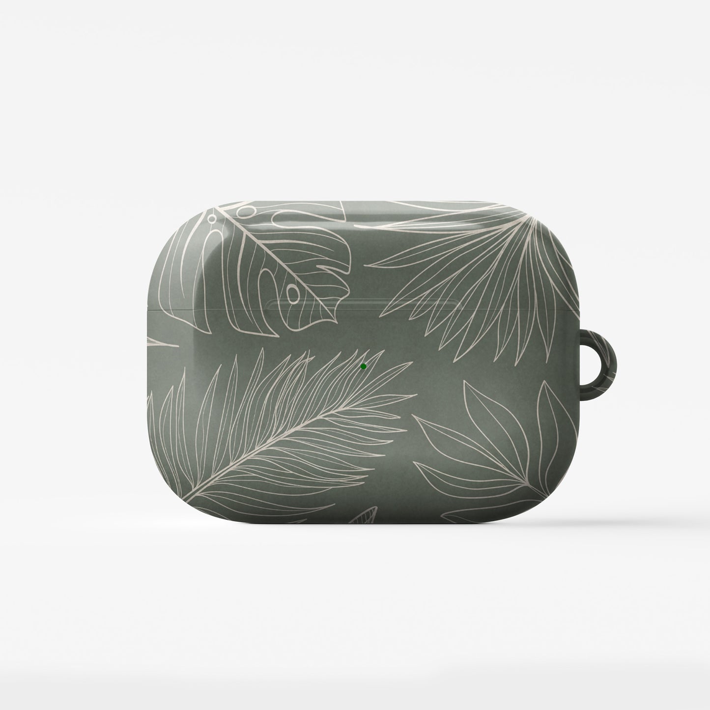 green tropical botanical airpods case with white leaf line art aesthetic design