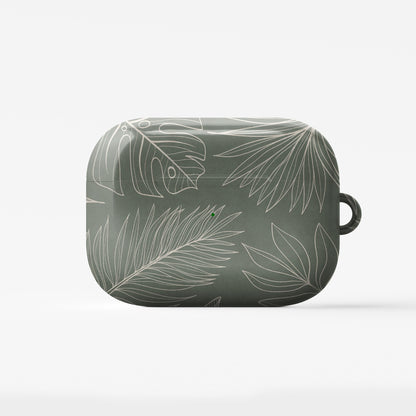 green tropical botanical airpods case with white leaf line art aesthetic design