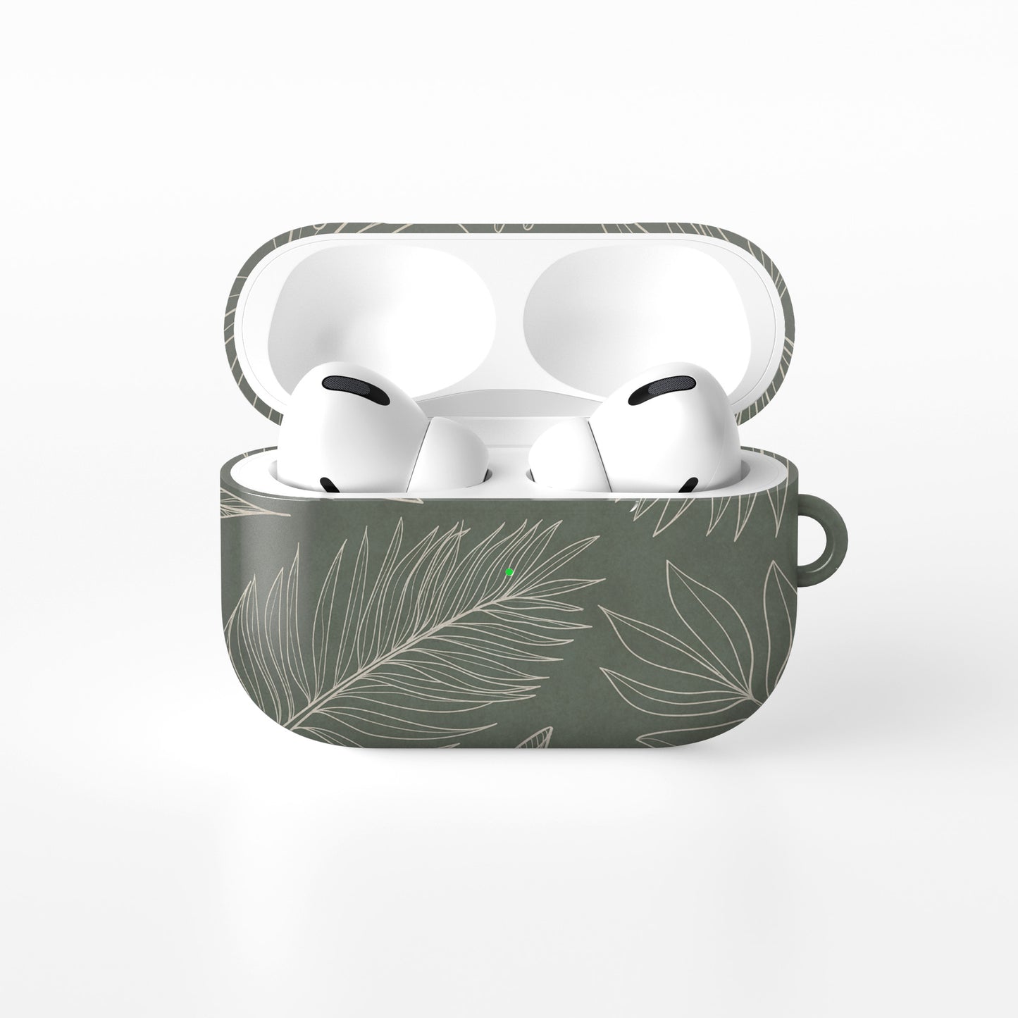 green tropical botanical airpods case with white leaf line art aesthetic design