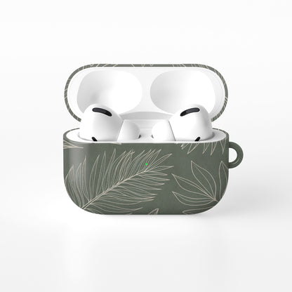 green tropical botanical airpods case with white leaf line art aesthetic design