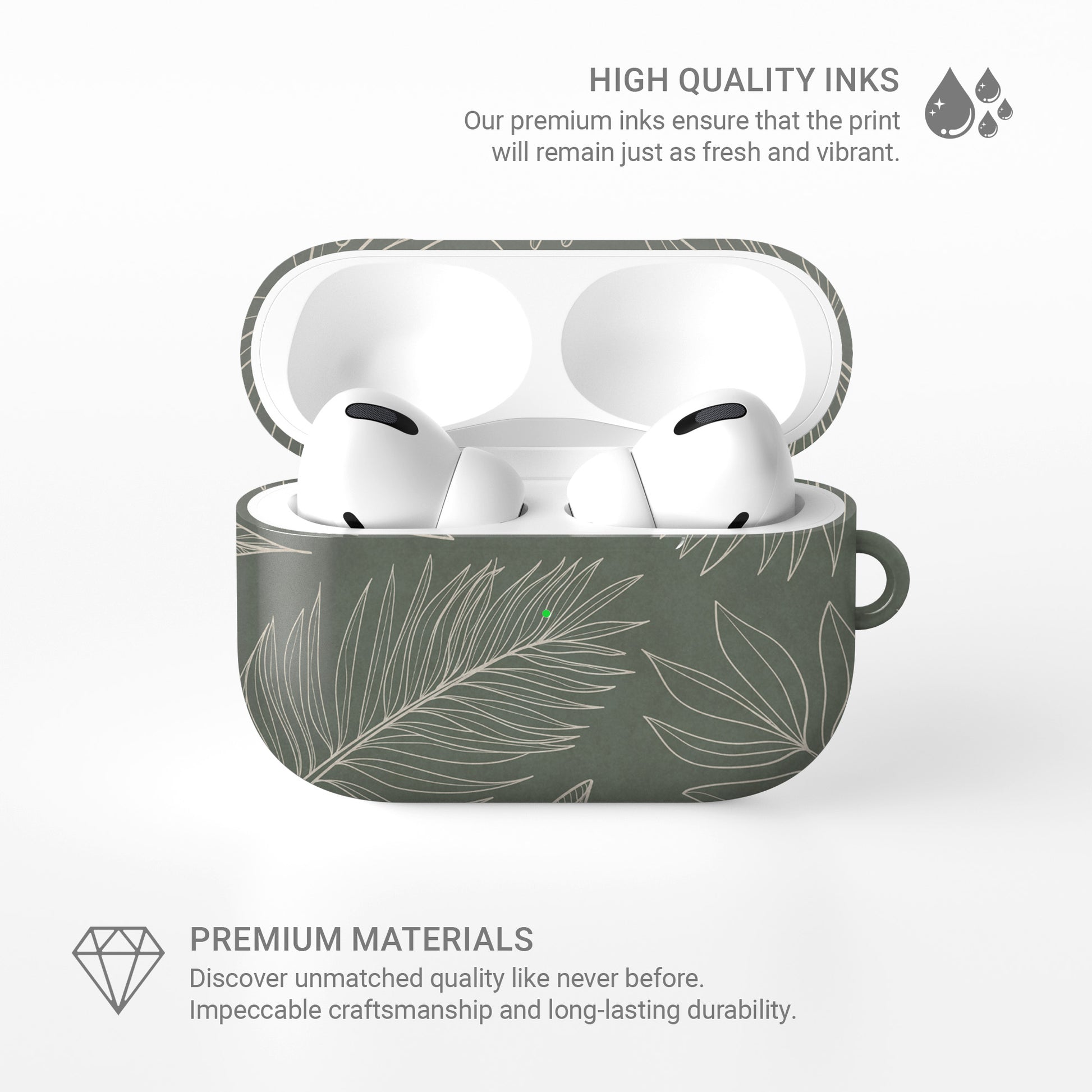 green tropical botanical airpods case with white leaf line art aesthetic design