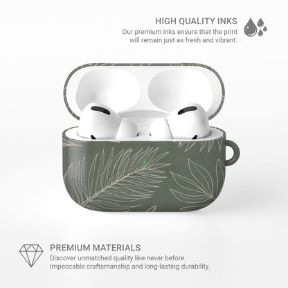 green tropical botanical airpods case with white leaf line art aesthetic design